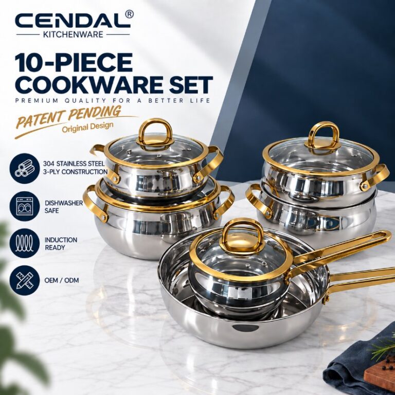 Cookware 3-Ply Steel Drum-Shaped 304 Stainless Steel 10-Piece Cookware Set